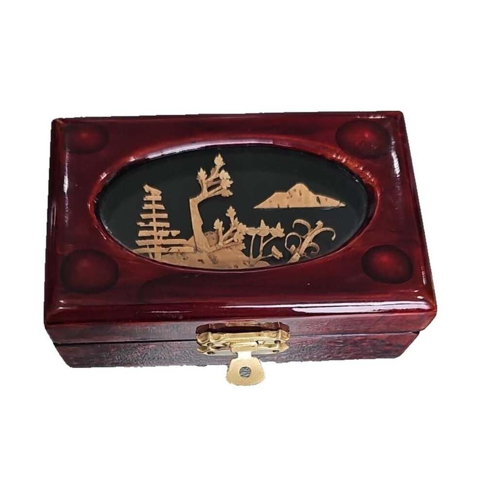Vintage Lacquered Asian Landscape Trinket Jewelry Box